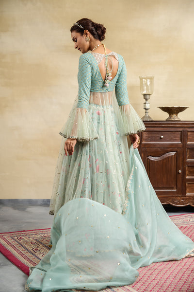 AQUA FLORAL PRINTED & EMBROIDERED ANARKALI SET (3 PCS)