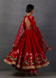 RED SILK CHANDERI PRINTED & EMBROIDERED ANARKALI SET (3 PCS)