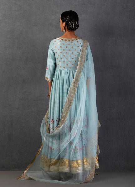 AQUA SILK CHANDERI PRINTED & EMBROIDERED ANGRAKHA STYLE ANARKALI SET(FB-12A)