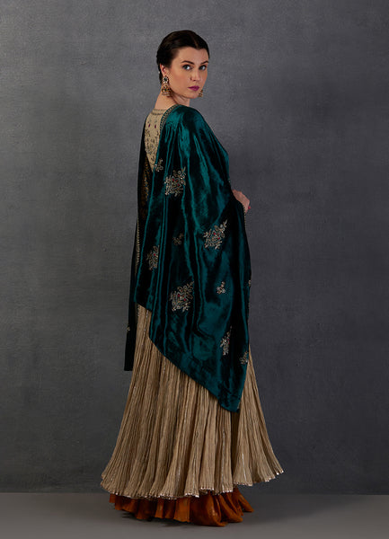 GREEN SILK VELVET EMBROIDERED DUSHALA ( DUS-54 )