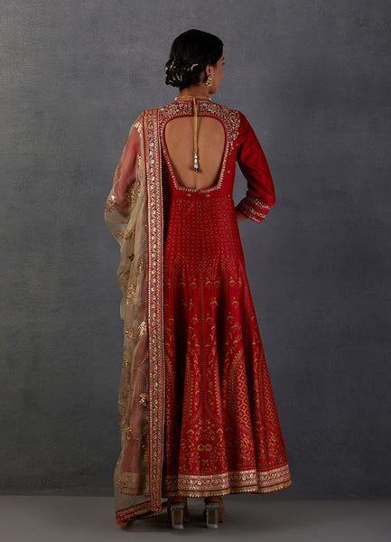CRIMSON RED SILK CHANDERI GOLD PRINTED & EMBROIDERED ANARKALI SET (FB-39)