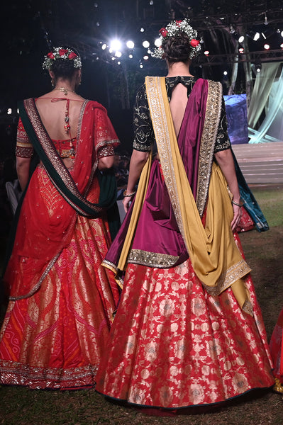 Black and red embroidered brocade lehenga set (FB-09, CRN-01)