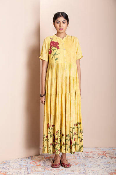 Lemon yellow rosemary printed tiered dress  ( HB-01 )