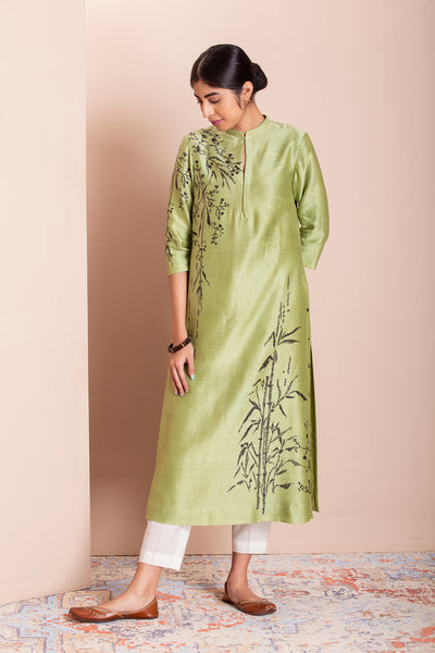 OLIVE SILK CHANDERI PRINTED TUNIC (1 PC)
