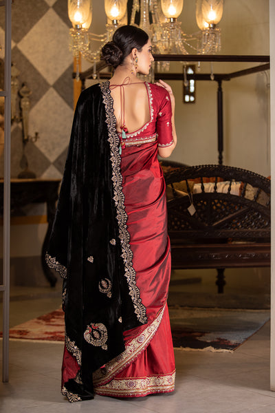 BLACK SILK VELVET EMBROIDERED DUSHALA WITH SCALLOP BORDER ( DUS-65 )
