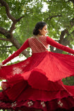 CRIMSON RED COTTON GOTA EMBROIDERED ANARKALI SET (LS-03)