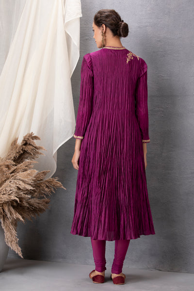 WINE CRINKELED ANARKALI WITH MATCHING CHURIDAR(SLK-01)