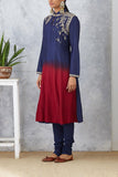 Eye Catching Navy Blue With Maroon Ombre Embroidered Kurta With Churidar ( NAAZ-06 )