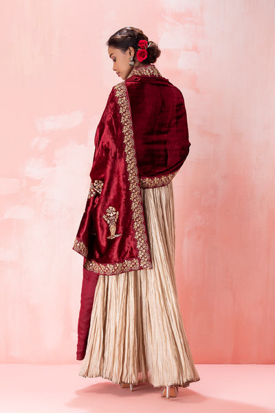 MAROON SILK VELVET EMBROIDERED DUSHALA  (DUS-76)