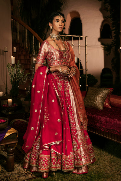 ANTIQUE RED SILK DUPION EMBROIDERED LEHENGA SET (4 PCS)