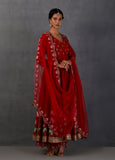 RED SILK CHANDERI PRINTED & EMBROIDERED ANARKALI SET (3 PCS)
