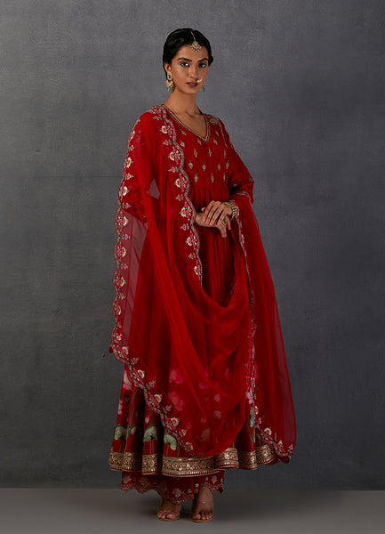 RED SILK CHANDERI PRINTED & EMBROIDERED ANARKALI SET (3 PCS)