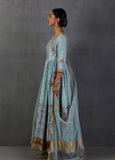 AQUA SILK CHANDERI PRINTED & EMBROIDERED ANGRAKHA STYLE ANARKALI SET(FB-12A)