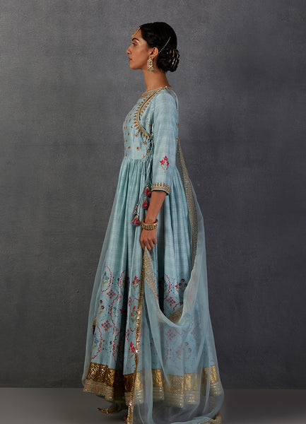 AQUA SILK CHANDERI PRINTED & EMBROIDERED ANGRAKHA STYLE ANARKALI SET(FB-12A)