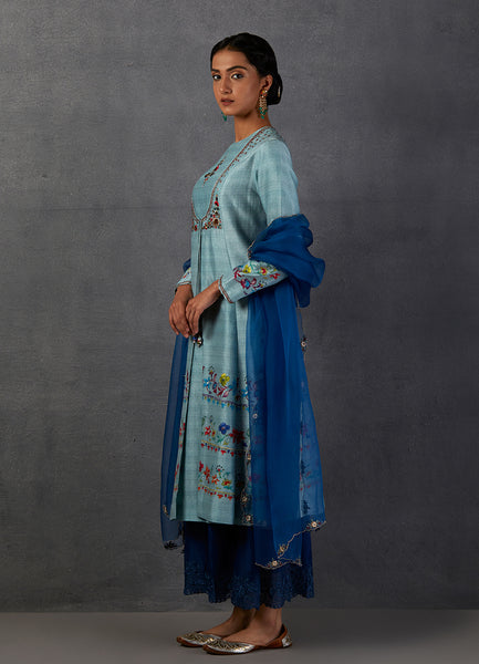 AQUA SILK CHANDERI PRINTED-EMBROIDERED FRONT OPEN KURTA SET ( MK-07 )