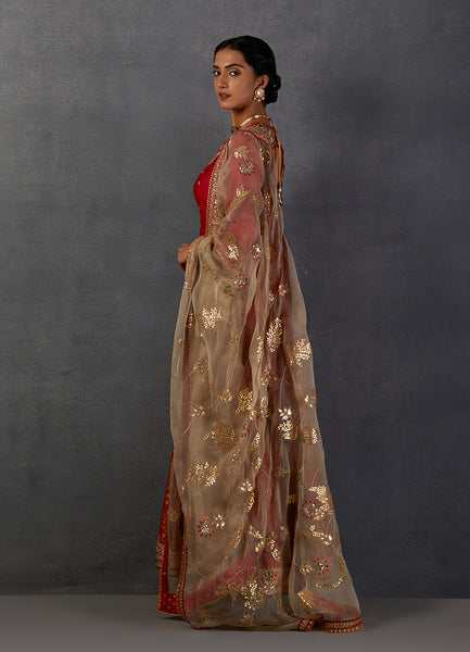 CRIMSON RED SILK CHANDERI GOLD PRINTED & EMBROIDERED ANARKALI SET (FB-39)