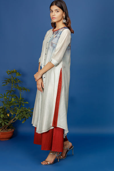 Floral & Abstract Printed Kurta With Trim On Neck Line. Ivory