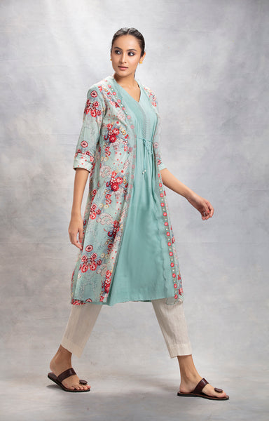 Aqua Victorian Chintz Printed Jacket With Tunic ( LW-03 )