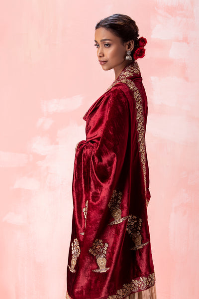 MAROON SILK VELVET EMBROIDERED DUSHALA  (DUS-76)