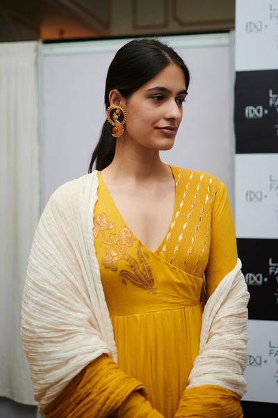 TURMERIC & IVORY KHADI EMBROIDERED & FOIL PRINTED ANGRAKHA SET (3 PCS)