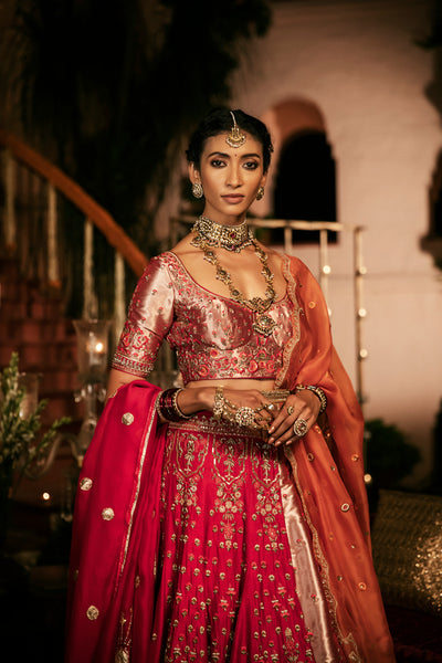 ANTIQUE RED SILK DUPION EMBROIDERED LEHENGA SET (4 PCS)