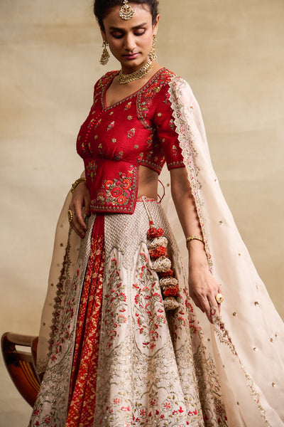 IVORY & ORANGE SILK DUPION EMBROIDERED LEHENGA SET (4 PCS)