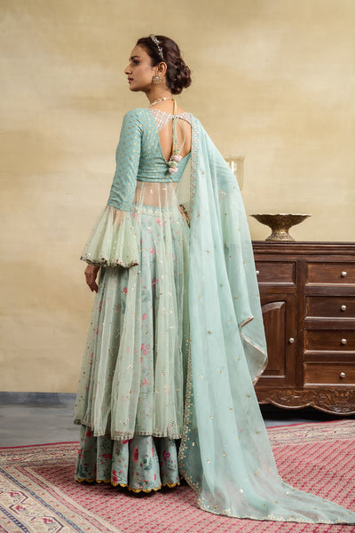 AQUA FLORAL PRINTED & EMBROIDERED ANARKALI SET (3 PCS)