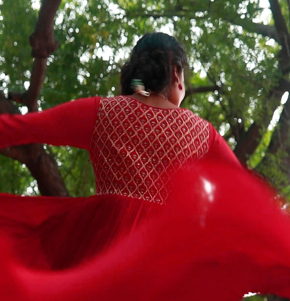 A red crinkle intricate gota embroidered Anarkali set (LS-03)