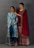 AQUA SILK CHANDERI PRINTED-EMBROIDERED FRONT OPEN KURTA SET ( MK-07 )
