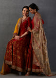 CRIMSON RED SILK CHANDERI GOLD PRINTED & EMBROIDERED ANARKALI SET (FB-39)