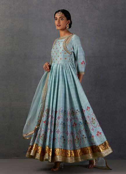 AQUA SILK CHANDERI PRINTED & EMBROIDERED ANGRAKHA STYLE ANARKALI SET(FB-12A)