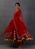RED SILK CHANDERI PRINTED & EMBROIDERED ANARKALI SET (3 PCS)