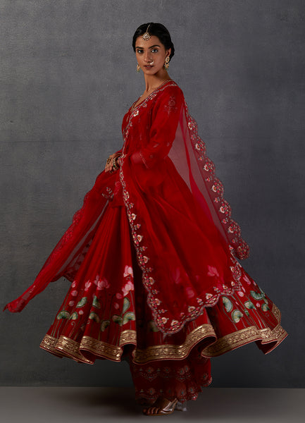 RED SILK CHANDERI PRINTED & EMBROIDERED ANARKALI SET (3 PCS)