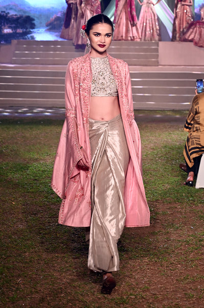 Pink silk dupion jacket and silver embroidered skirt set (TL-124D/ JKT, TL-124/SKT)