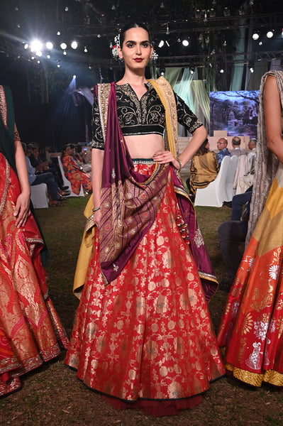 Black and red embroidered brocade lehenga set (FB-09, CRN-01)