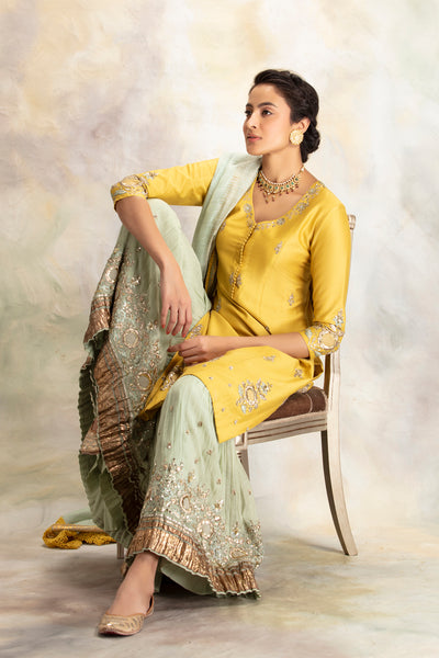 YELLOW ZARDOZI EMBROIDERED KURTA WITH MINT SHARARA (BRM-30S)