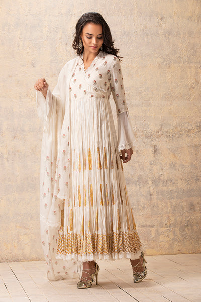 IVORY CHANDERI CHINAR BOOTA PRINTED & EMBROIDERED ANARKALI SET ( NR-07A )
