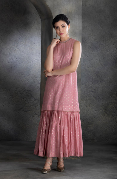 DUSTY PINK CHANDERI & COTTON FLORAL EMBROIDERED ANGRAKHA SET  (BV-04)