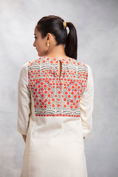 Ivory Cheese Cotton Embroidered & Floral Kalash printed Straight Tunic ( LW-07 )