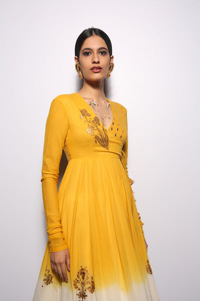 TURMERIC & IVORY KHADI EMBROIDERED & FOIL PRINTED ANGRAKHA SET (3 PCS)