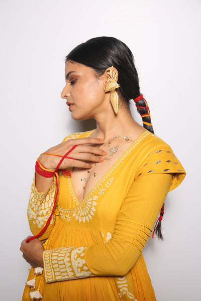 TURMERIC & IVORY KHADI EMBROIDERED & FOIL PRINTED ANGRAKHA SET (2 PCS)