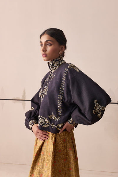 Charcoal embroidered blouse and Yellow brocade skirt set(E-10/TL-14)