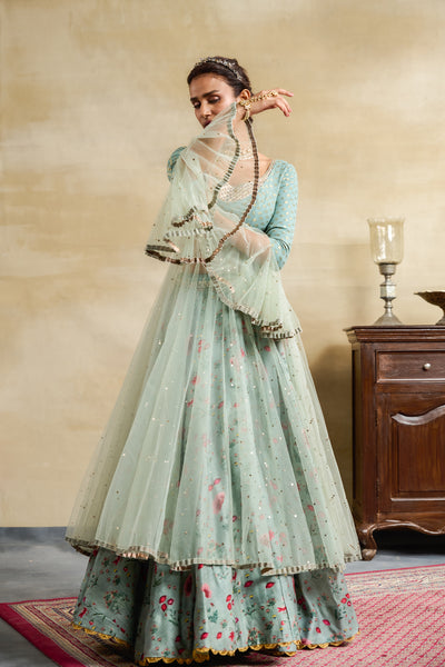 AQUA FLORAL PRINTED & EMBROIDERED ANARKALI SET (3 PCS)