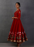 RED CHANDERI PRINTED EMBROIDERED ANARKALI SET (FB-21A)