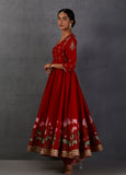 RED SILK CHANDERI PRINTED & EMBROIDERED ANARKALI SET (3 PCS)