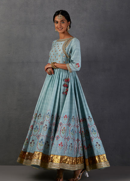 AQUA SILK CHANDERI PRINTED & EMBROIDERED ANGRAKHA STYLE ANARKALI SET(FB-12A)