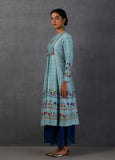 AQUA SILK CHANDERI PRINTED-EMBROIDERED FRONT OPEN KURTA SET ( MK-07 )