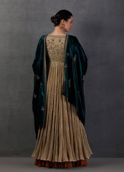 GREEN SILK VELVET EMBROIDERED DUSHALA ( DUS-54 )