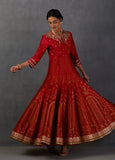 CRIMSON RED SILK CHANDERI GOLD PRINTED & EMBROIDERED ANARKALI SET (FB-39)