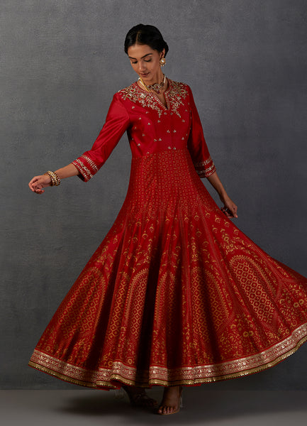 CRIMSON RED SILK CHANDERI GOLD PRINTED & EMBROIDERED ANARKALI SET (FB-39)
